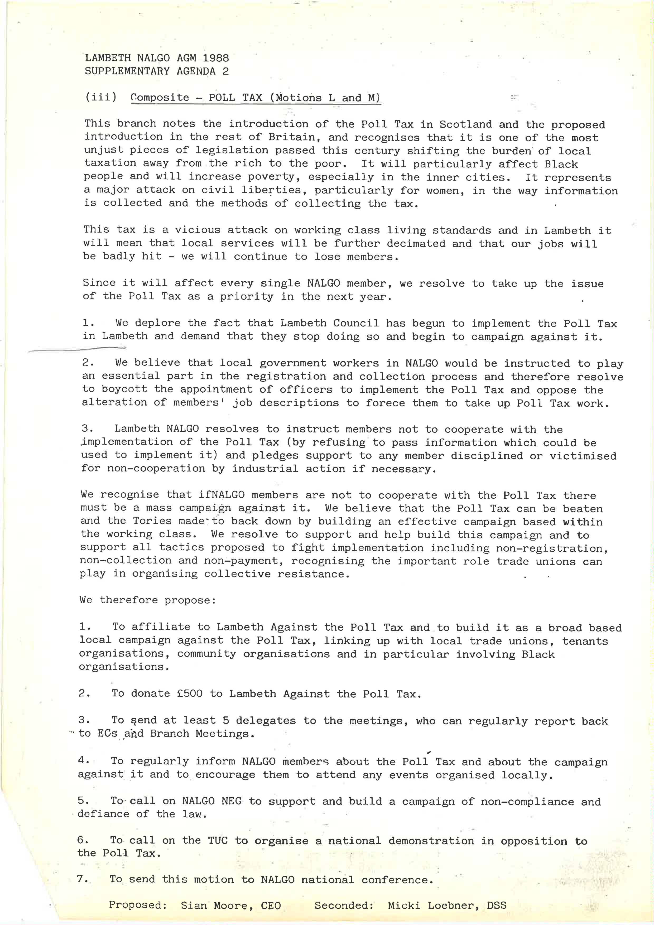 LAmbeth NALGO motion against Poll Tax 1988
